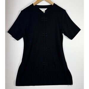 Vintage Misook Knit Tunic Top Small Black Short Sleeve Frog Closures Asian Style